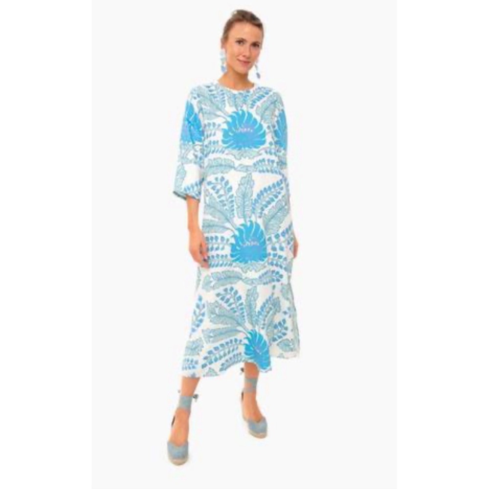 Tuckernuck Women Blue White Botanical Floral Midi Dress XS 3/4 Sleeve Shift